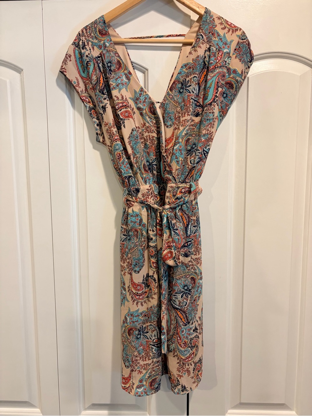 Paisley V-Neck Belted Midi Dress in Beige and Teal